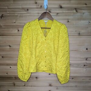 Esqualo Yellow Floral Jacquard Puff Sleeve V-Neck Button Down Blouse W23.15726 4